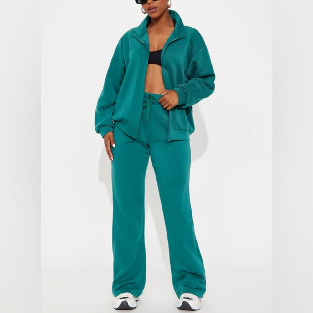 NWT Fashion Nova Teal Track Pants & Joggers Set Demi Zip Up Fleece medium